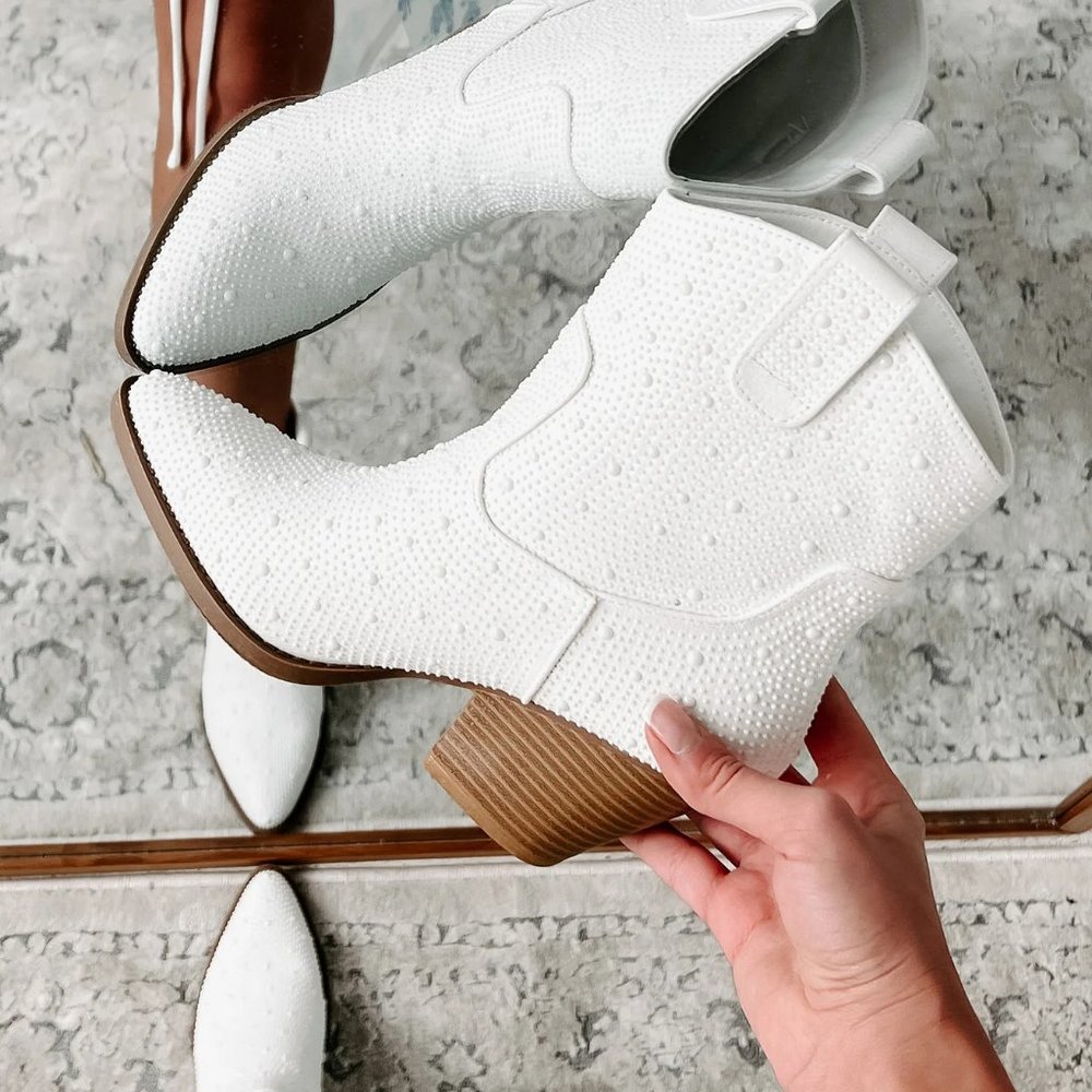 NEW🔥Ivory Faux Pearl Embellished Cowboy Cowgirl Western Heel Ankle Booties Boot - Picture 2 of 12
